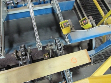 Conveyor belt for transferring boards to horizontal band saw